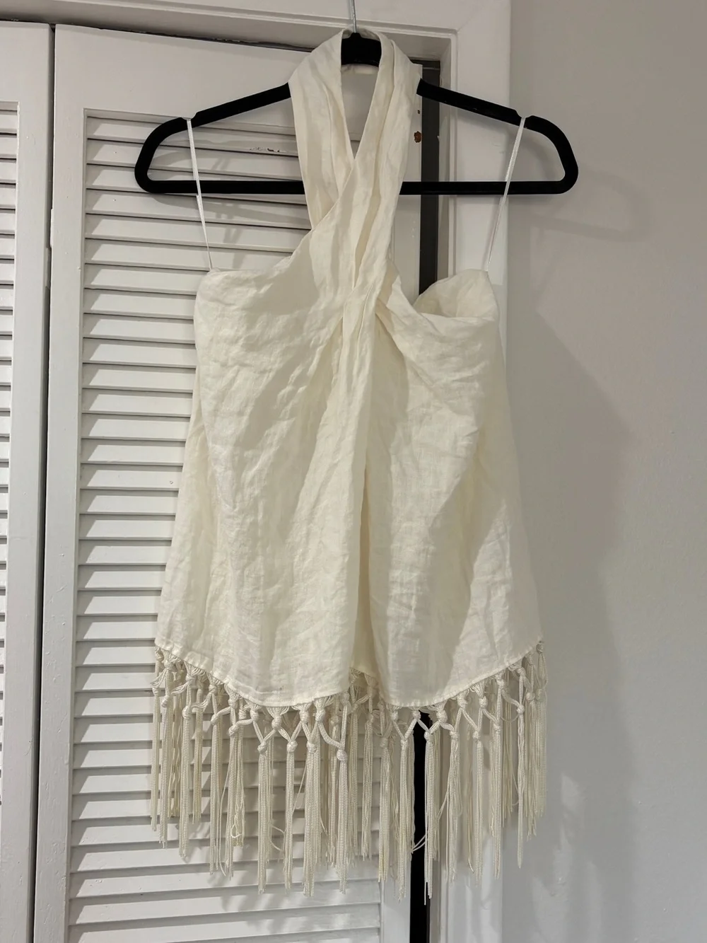 Zara 100% Linen White Halter Fringe Summer Top - Picture 6 of 11